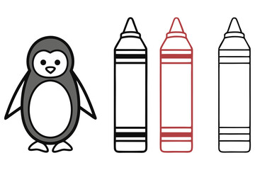 Penguin and Crayons Illustration Perfect for Elementary School Coloring Activities Project