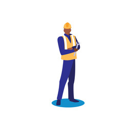 Vector Illustration of a Black Construction Worker with Arms Crossed, Holding a Wrench, Wearing a Hard Hat and Safety Vest on White Background