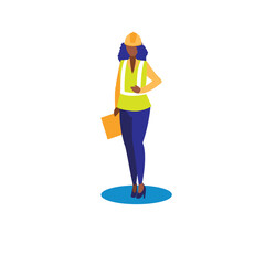 Vector Illustration of a Black Woman Construction Worker or Engineer Holding a Clipboard, Wearing a Hard Hat and Safety Vest on White Background