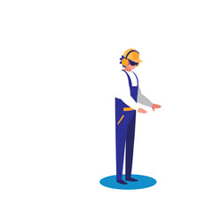  Vector Illustration of a Construction Worker in Overalls, Hard Hat and Hearing Protection, Pointing Down on White Background