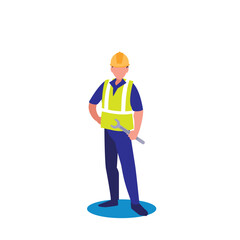 Vector Illustration of Construction Worker Wearing Hard Hat and Safety Vest, Holding a Wrench on White Background
