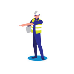 Vector Illustration of a Construction Worker Pointing, Wearing a Hard Hat and Safety Vest, Holding a Clipboard on White Background