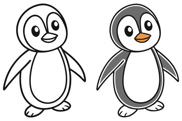 Naklejka premium Two Adorable Penguin Illustrations One Colored and One Black and White Outline