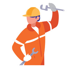 Vector illustration of a construction worker in an orange jumpsuit and hard hat, holding a pipe wrench above his head and a regular wrench in his hand, representing skilled trades