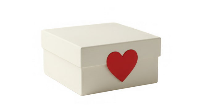 A simple cream gift box adorned with a vibrant red heart, conveying themes of love and romance.