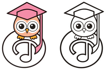 Two cute graduate owls sitting on top of musical notes design