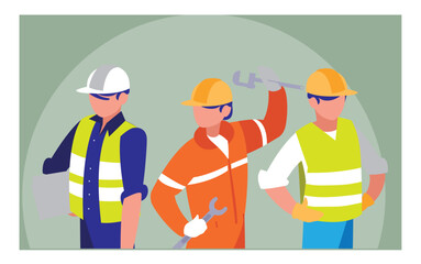 Vector Illustration of Three Diverse Construction or Industrial Workers in Safety Gear Including Hard Hats and Safety Vests