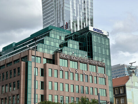 Warsaw, Poland - May 22, 2025: Kaskada building in Warsaw, Poland, showcasing modern architecture with glass facade and urban surroundings, reflecting contemporary design and city life