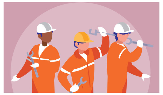 Vector illustration of three diverse repair workers in orange jumpsuits and hard hats, each holding wrenches, depicted in a modern flat design style.