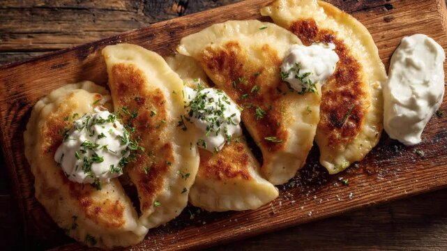 Golden dumplings on a wooden board, topped with creamy sauce and fresh herbs. A delicious treat to share and enjoy! (zoom out)