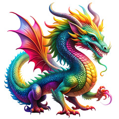 Vibrant Rainbow Dragon A Fantasy Creature Illustration isolated on transparent baackground