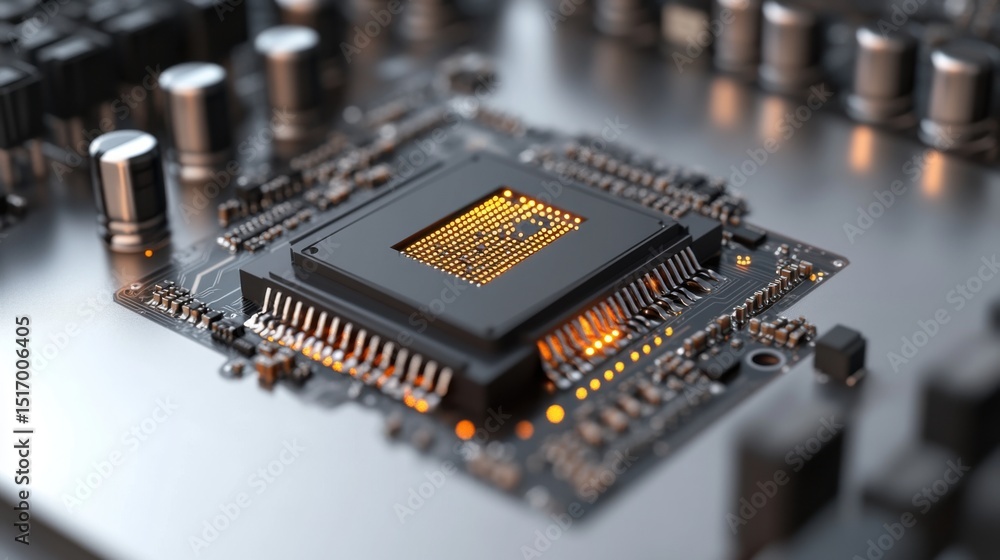 Poster a microprocessor is showcased on a circuit board, featuring detailed circuitry and illuminated compo