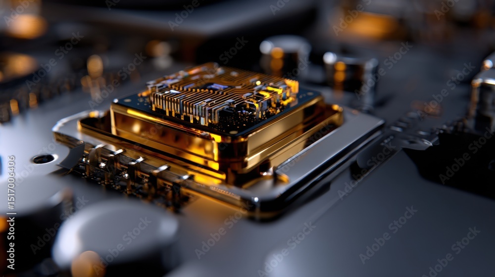 Poster a high-tech microchip sits prominently on a circuit board, showcasing detailed metallic structures a