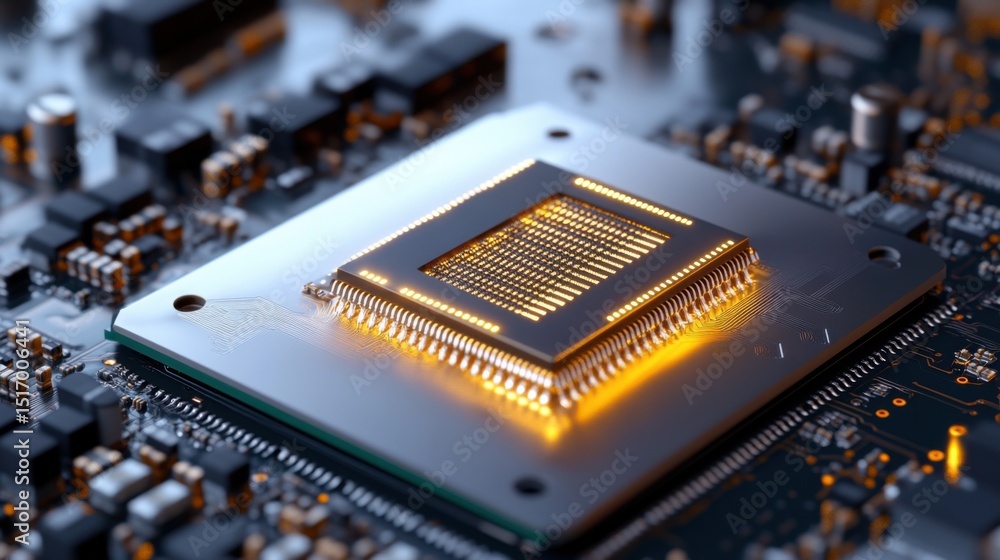 Poster focusing on a microchip mounted on a circuit board, this displays detailed circuitry with glowing co
