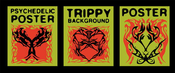 Three psychedelic poster designs with tribal tattoo elements on bold green and red backgrounds. Stylized motifs and thick lines represent the Y2K tribal trend, popular in today’s digital art scene.
