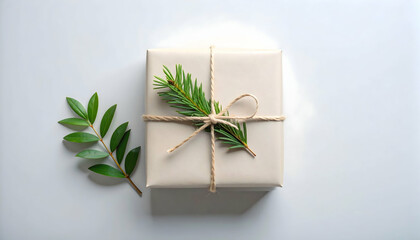 Beige Gift Box with Greenery and Twine on White Background