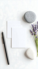 Blank Notecards Mockup with Lavender and Stones
