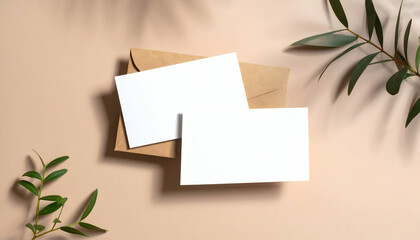Blank White Cards and Kraft Envelope Mockup with Olive Branches