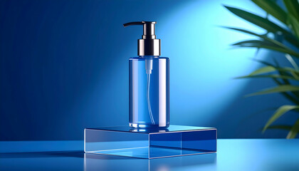 Blue Glass Soap Dispenser on Blue Platform