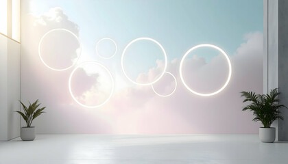Bright Minimalist Room with Glowing Circles and Pastel Sky Background