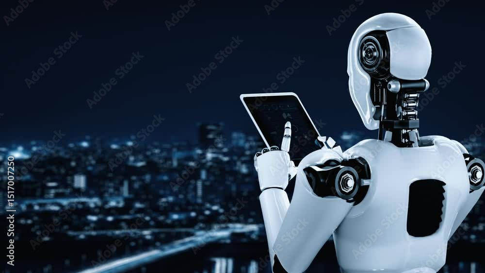 Poster futuristic robot artificial intelligence huminoid ai data analytic technology development and machin