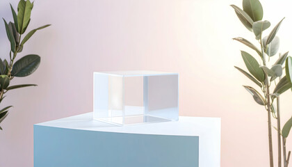 Clear Acrylic Cube Display on Pastel Green Pedestal with Greenery