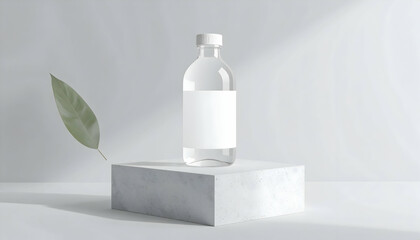 Clear Water Bottle Mockup on Concrete Block with Leaf