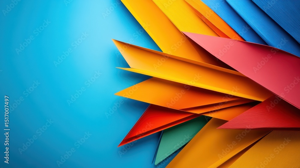 Poster brightly colored paper pieces are arranged in a dynamic layout, creating an eye-catching contrast ag