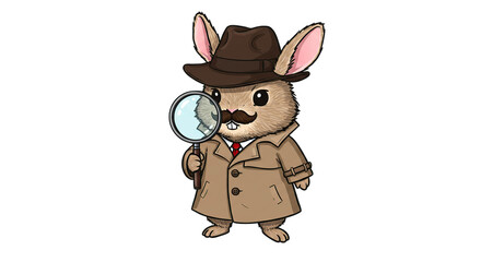 Cartoon Rabbit Detective with Magnifying Glass Isolated on Transparent Background Posing in Trench Coat and Hat