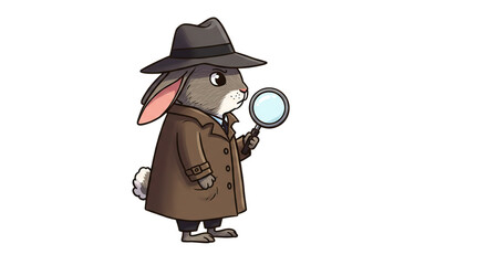 Detective Rabbit Examining Clues with Magnifying Glass Isolated on Transparent Background Investigator Animal Seeking Mystery and Secrets Espionage Concept