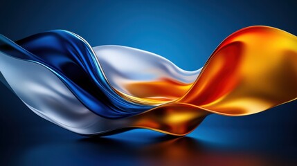 Waves of vibrant fabric in blue, silver, and orange appear to ripple gracefully, showcasing a dynamic interplay of colors and textures under studio lighting.