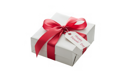 A white gift box, tied with a bright red ribbon, celebrates parents' day with simplicity and charm.