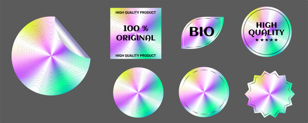 Set of realistic neon holographic stickers, quality emblems, labels, original postage stamps, symbol of the highest quality of the official guarantee of the product with different shapes.Vector image 