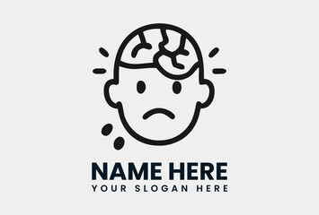 Minimalist line art cartoon illustration of a stressed human head with visible brain and sweat droplets, symbolizing mental strain or headache. Mental health and stress concept
