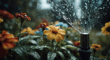 Sprinkler Watering Yellow Flowers in Garden, Showcasing Summer Hydration and Environmental Responsibility in Backyard Gardening