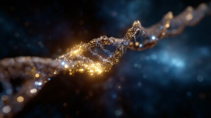 DNAの二重らせん構造が、宇宙空間のような背景の中に浮かび上がっている