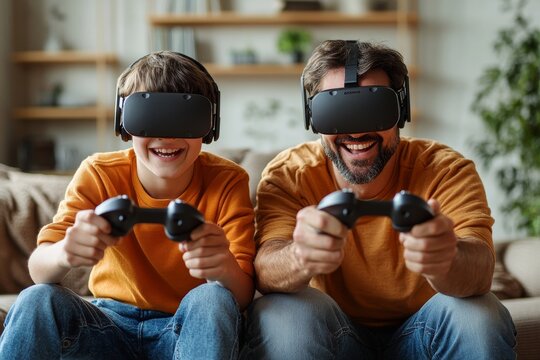 Father and Son Immersed in Virtual Reality Gaming