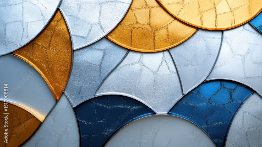Poster a vibrant arrangement of circular shapes in gold, silver, and blue, creating a modern abstract desig