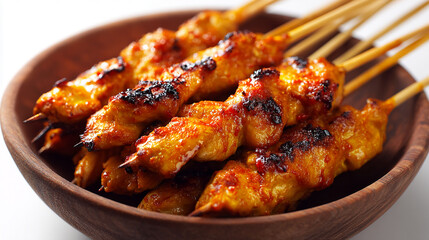 Close-up of grilled chicken satay in wooden bowl, showcasing rich orange-brown glaze, suggesting savory flavor and deliciousness, ideal for food blogs or restaurant menus