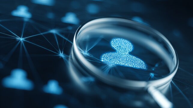 Digital Person Profile Magnified Under a Lens Detailed Network Connections Futuristic Technology Abstract Blue Glowing Data Visualization Modern Design Concept           