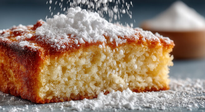 Powdered Sugar Falling on a Slice of Cake, Representing Sweet Indulgence and Culinary Celebration for Food Bloggers and Recipe Developers