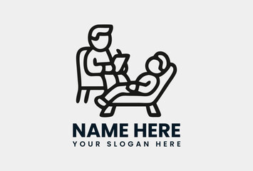 Minimalist line art illustration of a therapist conducting a session with a patient lying on a couch, representing psychological counseling. Psychotherapy and mental health concept