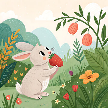 Cute cartoon Easter bunny with colorful eggs in green grass, perfect for a spring holiday greeting card design