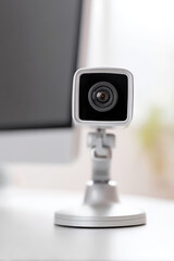 Square-shaped camera lens in a sleek silver frame mounted on an adjustable stand, focusing directly on the viewer. Blurred monitor screen visible on the left side