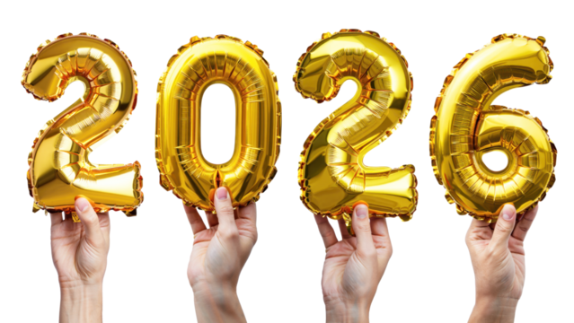 Hands holding balloons in the shape of 2026, new year, transparent background