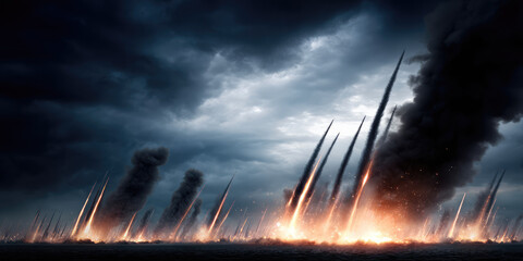 Intense scene with multiple fiery explosions on the ground, dark smoke rising against a dramatic sky, creating an apocalyptic atmosphere.  