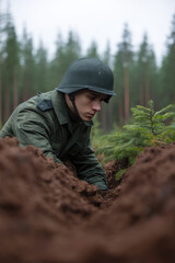A young soldier in a green uniform and helmet digs a trench in a dense forest, surrounded by dirt and small pine trees, with an expression of focus on his face