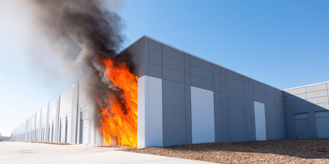 Large warehouse engulfed in flames, black smoke billowing against the clear blue sky, fire consuming part of the gray structure, ground and empty pavement visible 