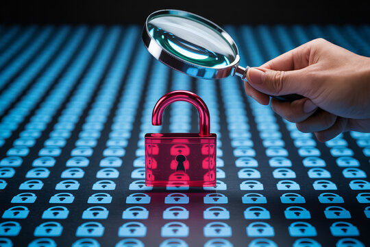 Magnifying glass highlighting a glowing red unlocked padlock among secure blue locks in a digital security concept scene

 - Powered by Adobe