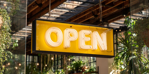 Yellow neon "OPEN" sign hanging in a plant-filled shop, showcasing a welcoming and vibrant atmosphere, symbolizing business availability and accessibility
